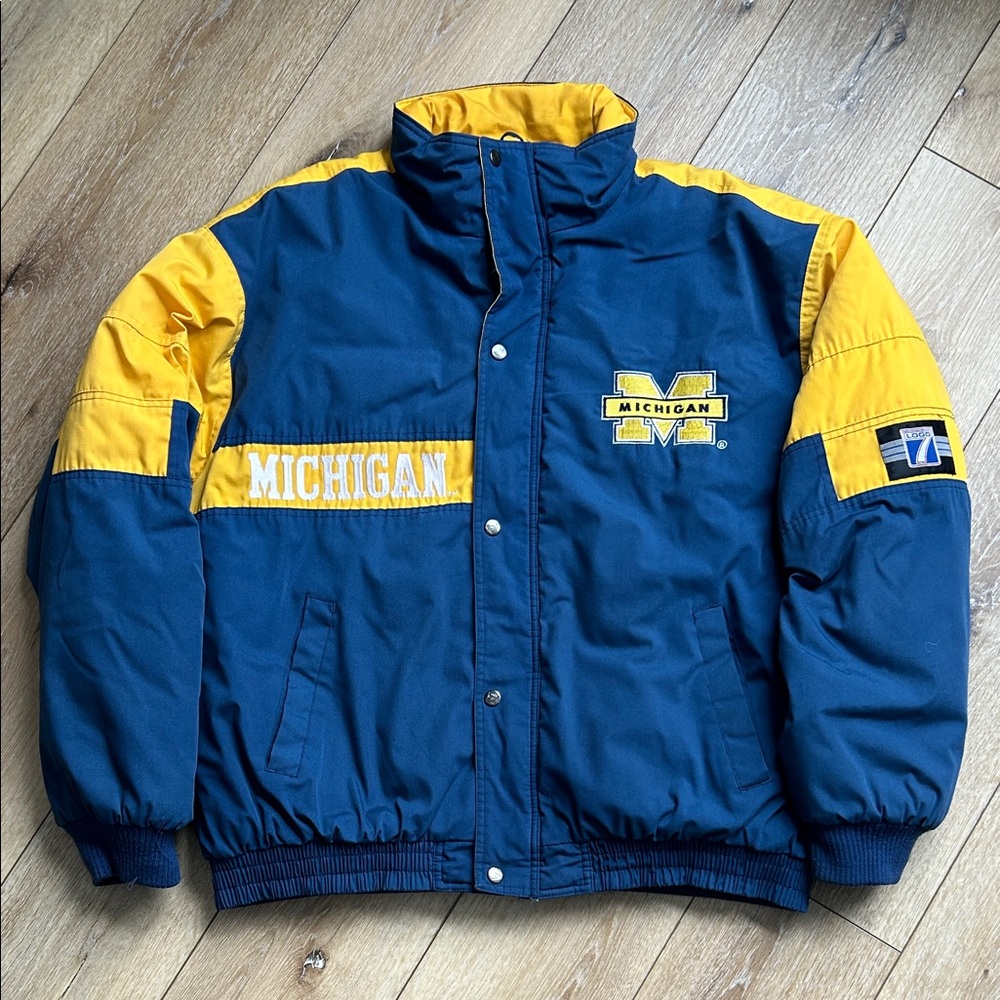 Vintage Logo 7 Mens Michigan Puffer Winter Coat Blue Yellow XLarge Zipper Broke